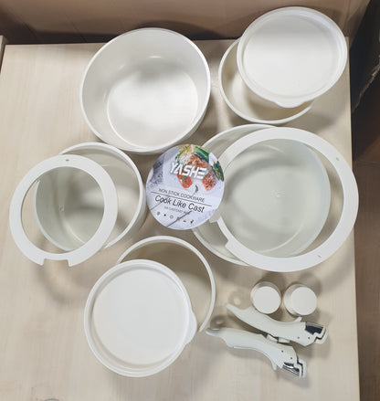 170045 - YASHE Set Enësh Gatimi 21 Pjesë, Tenxhere dhe Tiganë Jo-ngjitës me Doreza të Lëvizshme, Kapakë Qelqi, të Sigurt për Induksion dhe Furrë, të Mund të Vendosen Njëra mbi Tjetrën, të Bardha