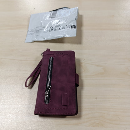 269114 - EYZUTAK Mbrojtëse Telefoni për Samsung Galaxy S23, Mbrojtëse e Rrotullueshme, Portofol Lëkure me Mbyllje Magnetike dhe Zip, me 9 Vende për Karta, Funksion Mbështetëse, Mbrojtëse Lëkure Retro Mat - E Kuqe e Thellë