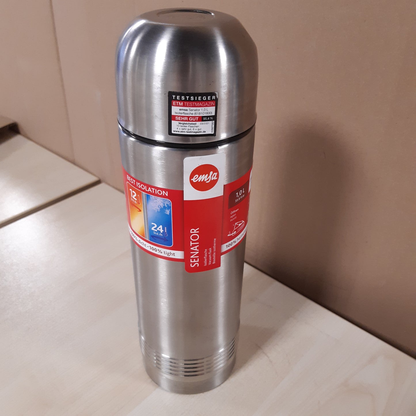 252154 - EMSAS 618101600 Senator, Shishe e izoluar, termos, filxhan kafeje portativ, 1000ml, çelik inox, mbyllje e sigurt