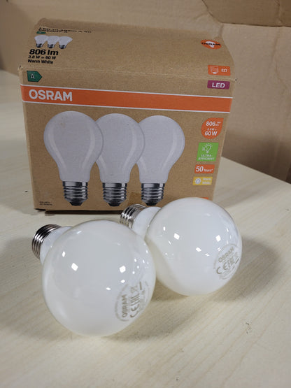 219238 - LLAMBAT LED OSRAM ME EFIKASITET TË LARTË ME KLASËN E EFIKASITETIT TË ENERGJISË A, PAKO ME 3 LLAMBA ME VLERË, ZËVENDËSON LLAMBAT INKANDESHENTE KONVENCIONALE 60W, FORMË LLAMBE, E BARDHË E NGROHTË (2700K), E27, XHAM I MBULUAR ME ACAR