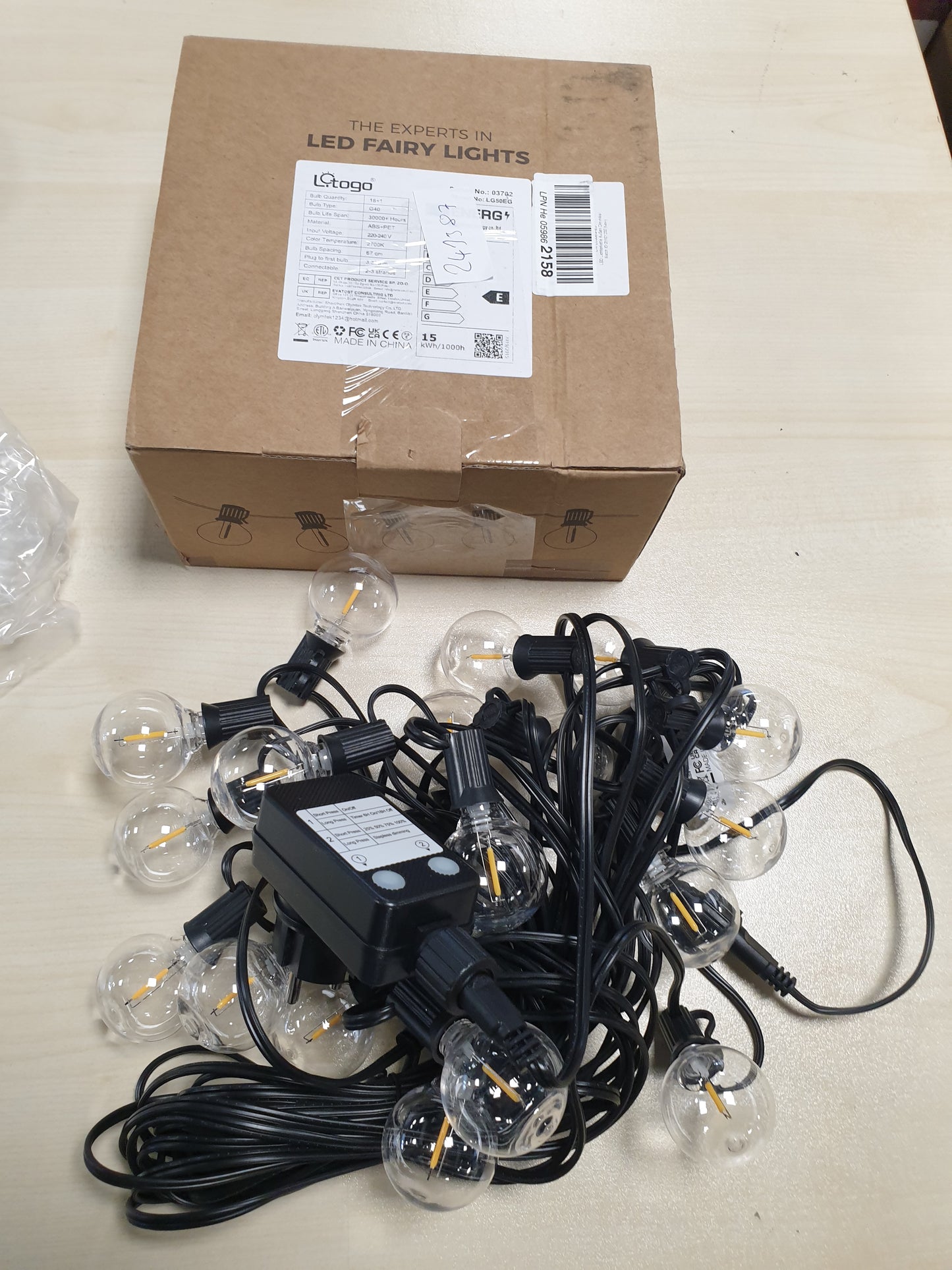 241387 - Drita LED me tela të jashtme litogo, 15M, llamba plastike G40 të bardha të ngrohta, rezistente ndaj motit