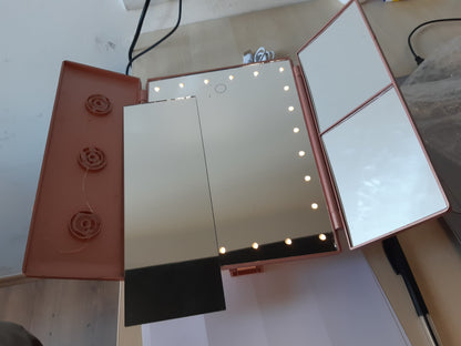 214118 - SURFOU Pasqyrë Profesionale e Ndriçuar për Makiazh - Pasqyrë e Trefishtë e Palosshme me 24 LED, Zmadhim 1X/2X/3X/10X, Ekran me Prekje, Rrotullim 180°