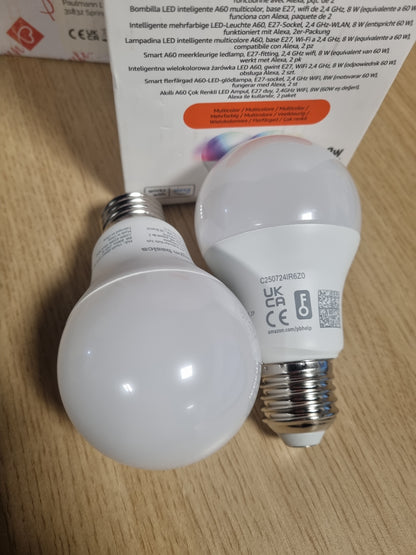179435 - AMAZON BASICS Llambë LED Inteligjente E27 8W (Ekuivalente me 60W), Ndryshon Ngjyrë, Funksionon Vetëm me Alexa, Pako me 2, Shumëngjyrëshe