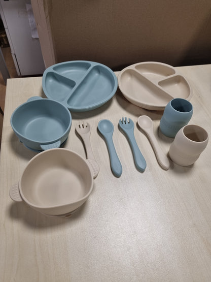 215924 - PANDAEAR Set Ushqimi për Bebe prej Silikoni, Vegël Vetëushqyese (Blu e Bardhë)