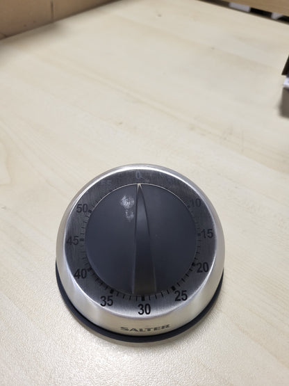 257191 - SALTER Kohëmatës mekanik kuzhine 60-minutësh, 338 SSBKXR15, çelik inox, orë analoge, mekanizëm numërimi mbrapsht, unazë e gjatë me zë të lartë, numërues gome, garanci 2-vjeçare