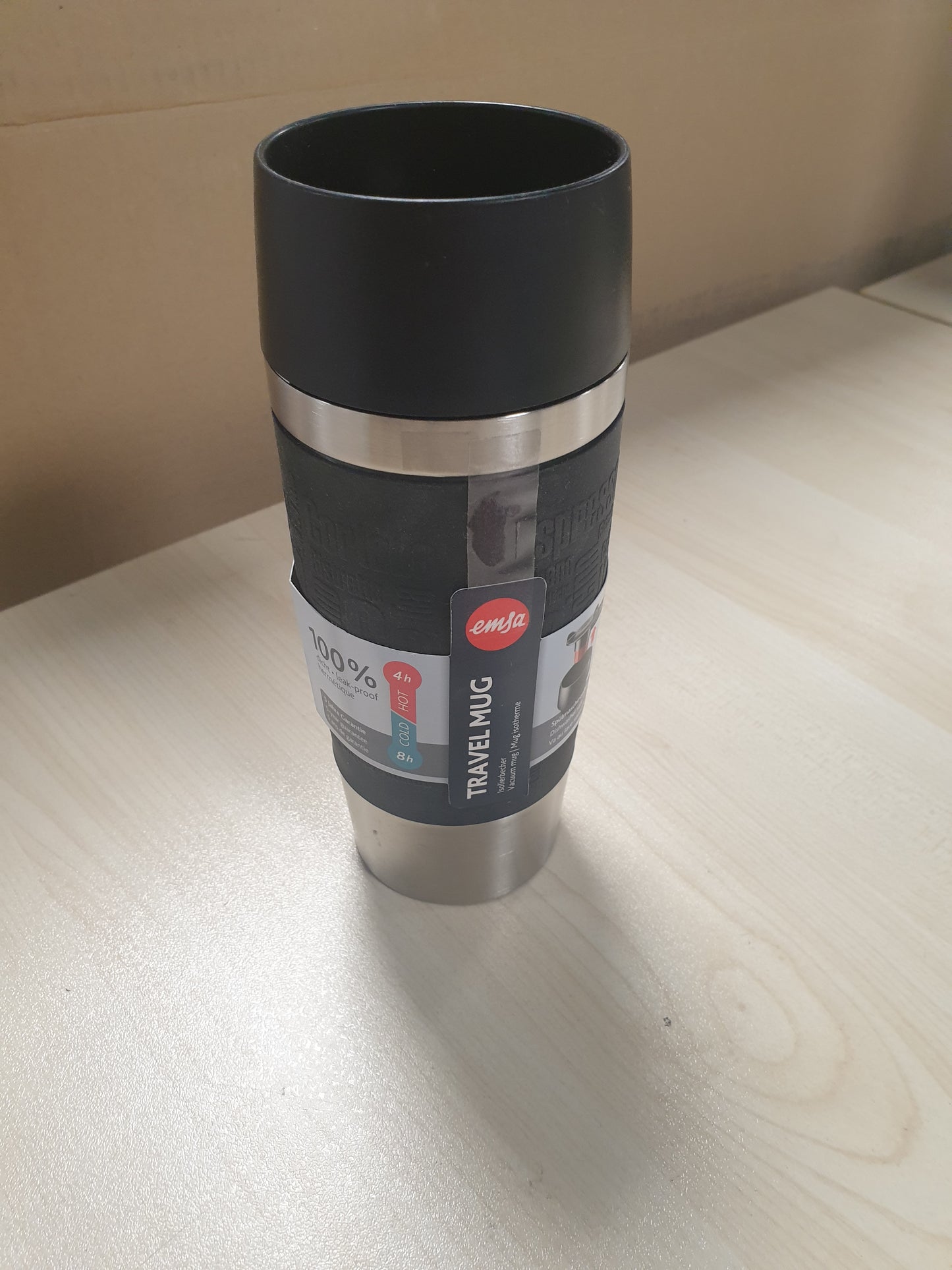 218370 - EMSAS Filxhan udhëtimi, termos klasik, 360 ml, i izoluar, mban pijet të nxehta për 4 orë dhe të ftohta për 8 orë, 100% i papërshkueshëm nga rrjedhjet, mbyllje me shtypje të shpejtë, hapje pirjeje 360 gradë, i zi, 513361