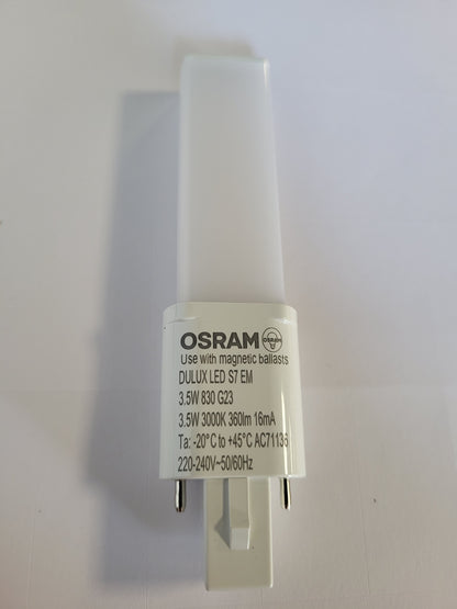225024 - OSRAM DULUX LED S7 EM, G23, 3.5W, 360lm, 3000K, dritë e bardhë e ngrohtë, zëvendësim LED për llambat fluoreshente kompakte me bazë G23, jetëgjatësi e madhe, pa kohë ngrohjeje