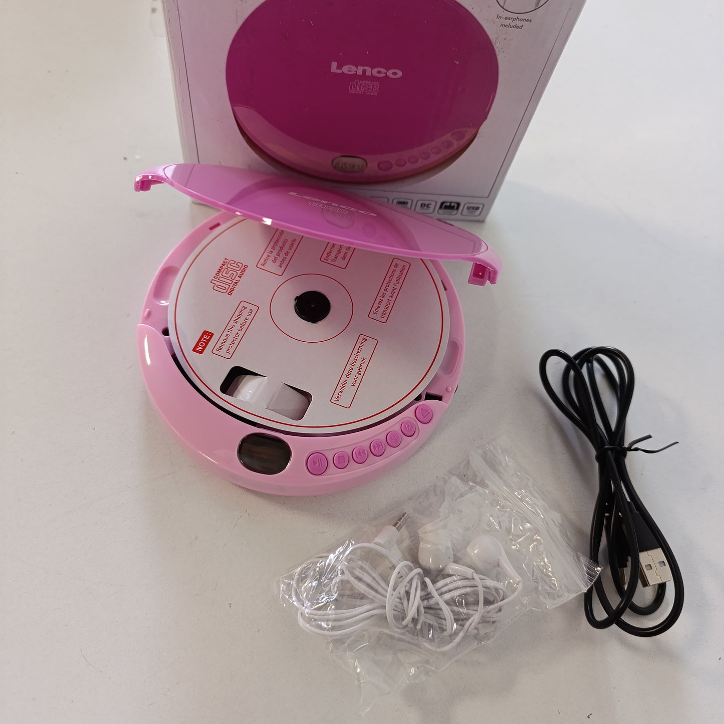 268183 - LENCO CD-011PK CD player portativ, funksion karikimi baterie, ekran LCD, me kufje dhe kabllo karikimi Micro-USB - rozë