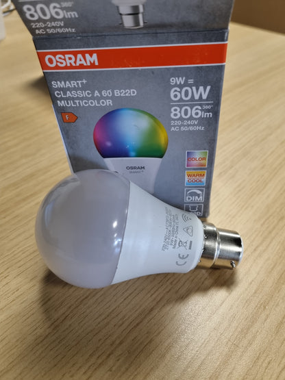 168380 - OSRAM Llambë LED SMART+ në Formë Pistoni A60 RGBW B22D, e Pajtueshme me Alexa dhe Google Home, Wi-Fi, e Bardhë e Akordueshme, Shumëngjyrëshe, Dizajn Filamenti