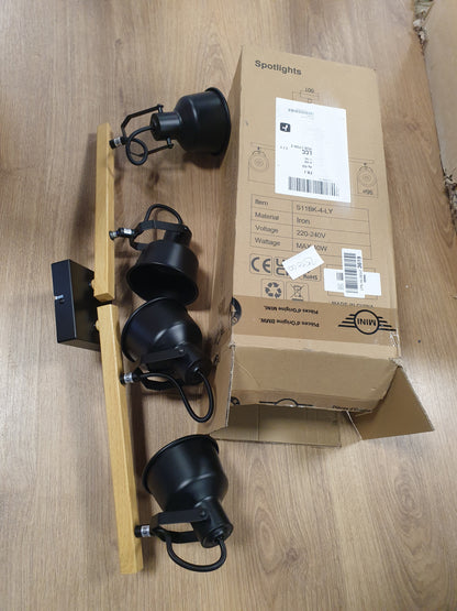 251000 - Aulaiyi Ndriçues Tavani Industrial me Reflektorë dhe Ndriçim me Shina, 4 Reflektorë LED të Rregullueshëm me Prizë E14, Ndriçim i Brendshëm me Bazë Drejtkëndëshe Druri, E Zezë (Llambat Nuk Përfshihen)