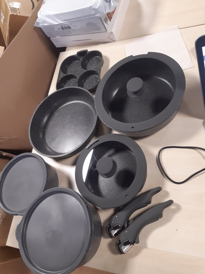 170051 - YASHE Seti i Enëve të Gatimit prej 20 Pjesë me Shtresën Jo-Ngjitëse, Doreza Të Lëvizshme, i Pajtueshëm me Induksion, i Sigurt për furrë deri në 230°C, i Sigurt për Lavastoviljen, i Mundshëm për t'u Vendosur mbi Njëra-Tjetrën, i Zi