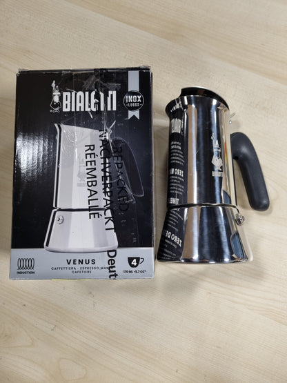 191837 - BIALETTI - Makinë Italiane për Espresso Venus Induction, e Bërë prej Çelik Inox, e Përshtatshme për të Gjitha Llojet e Pjatave, Kapacitet 170 ml, 4 Filxhanë Kafeje, Argjendi