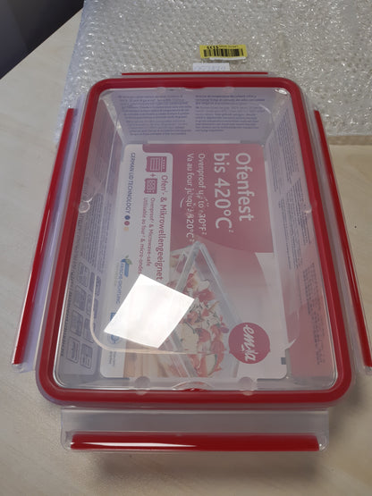 252172 - EMSA Enë qelqi për ruajtjen e ushqimit, drejtkëndëshe, 3 L, 100% e papërshkueshme nga rrjedhjet, e sigurt për lavastovilje, ngrirje, furrë dhe mikrovalë, e kuqe, transparente, N10412