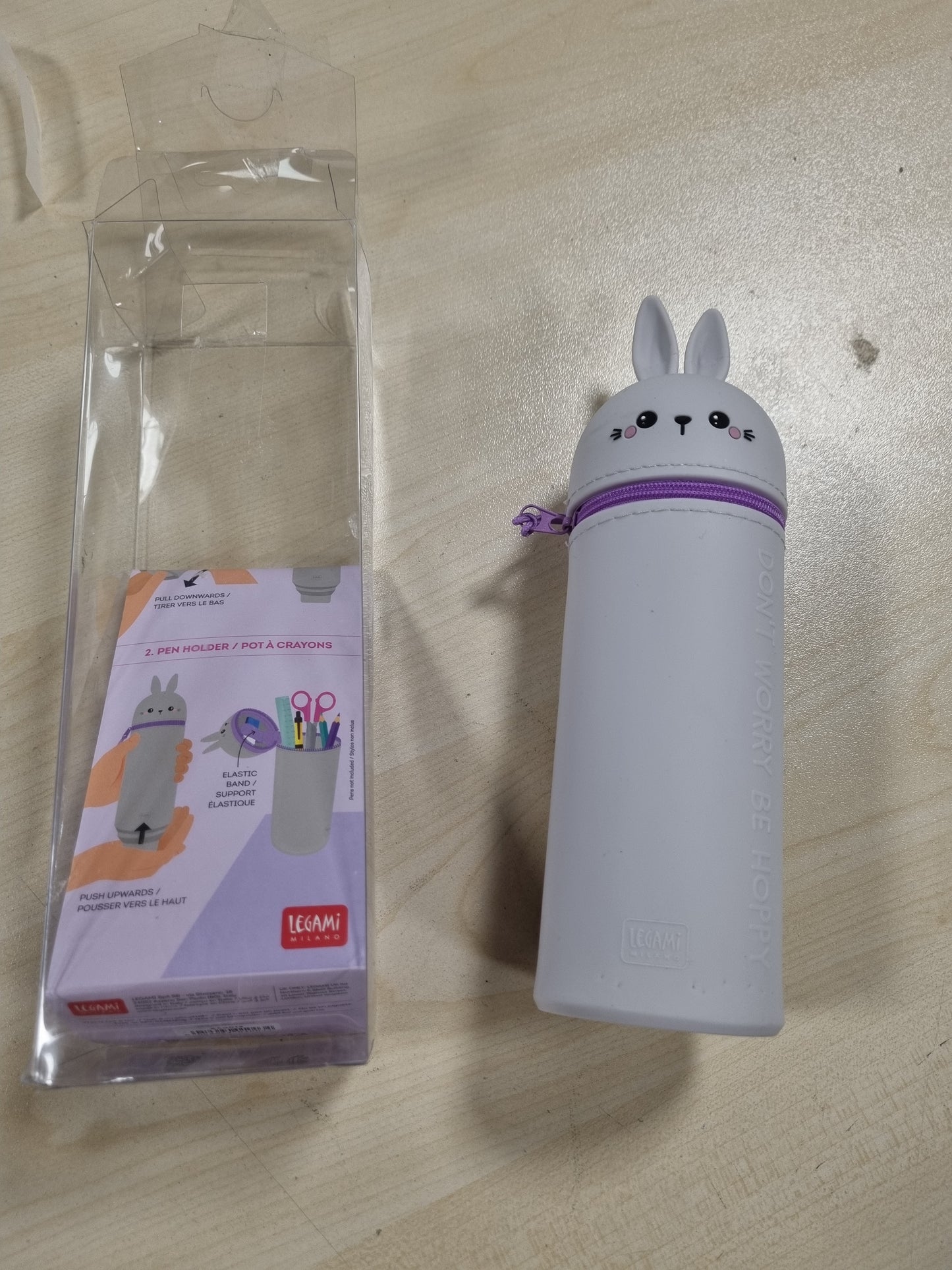 224464 - LEGAMI Çantë e butë silikoni 2-në-1, Çantë shkolle Kawaii Giraffe, Mbajtëse lapsash tavoline, Me zinxhir, Lartësia 18.5 cm, Lepurush