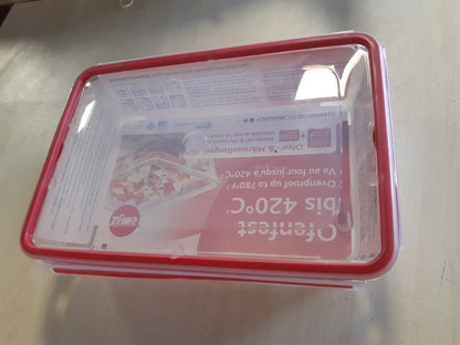222507 - EMSA Enë qelqi për ruajtjen e ushqimit Clip & Close, drejtkëndëshe, 3 L, 100% e papërshkueshme nga rrjedhjet, e sigurt për lavastovilje, ngrirje, furrë dhe mikrovalë, e kuqe, transparente, N10412