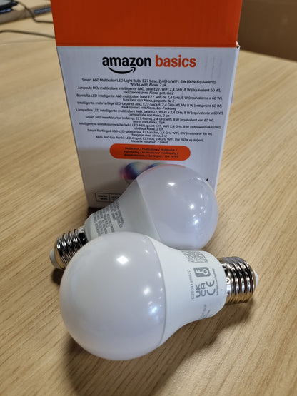 168430 - AMAZON BASICS Llambë LED Inteligjente që Ndryshon Ngjyrë, E27, 8W (Ekuivalente me 60W), Funksionon Vetëm me Alexa, Pako Prej 2, Shumëngjyrëshe