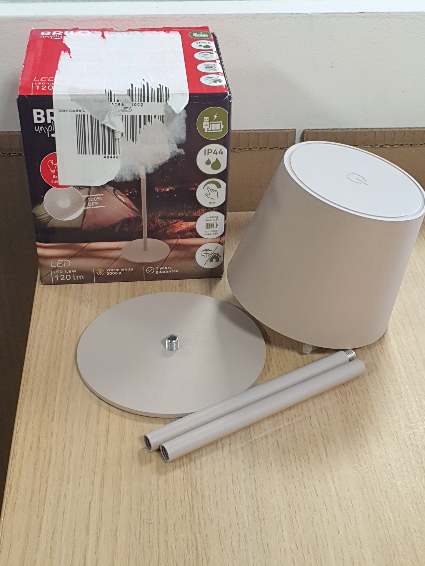 211129 - BRILONER - Llambë Tavoline LED Pa Tel, IP44, me Kontroll me Prekje, e Errësueshme, me Bateri të Zëvendësueshme, 11x34.5 cm, Bezhë