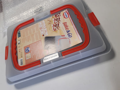 251622 - DR. OETKER Tepsi Pjekjeje me Mbulesë Transporti Bake & Go – 3 në 1: Tepsi Furre për Pjekje, Ruajtje dhe Transportim – Jo-Ngjitëse, 42x29x4 cm