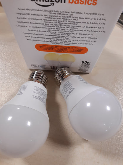 168509 - AMAZON BASICS Llampa LED Inteligjente, me Errësim, E27, e Bardhë e Butë, 8W (Ekuivalente me 60W), vjen në Pako prej 2, Funksionon Vetëm me Alexa