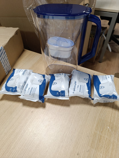 227921 - WESSPER Enë Filtri Uji me Filtër, Enë Frigoriferike 2.7L me Derë, Fishekë me Karbon Aktiv dhe Rrëshirë Shkëmbimi Jonik, Set me 6 Filtra Enësh - Blu