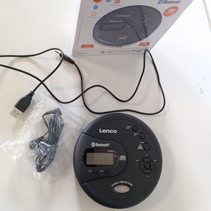 267956 - LENCO CD-300 CD player, portativ, Bluetooth, MP3, 2 bateri 2000mAh, përfshin kufje dhe kabllo karikimi Micro USB, ngjyrë e zezë