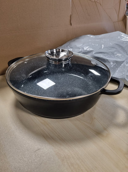 221864 - GSW GOURMET Tigan servirjeje prej graniti me kapak qelqi, 32 cm, induksion, jo-ngjitëse, e zezë
