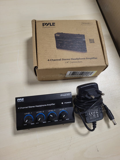 268577 - PYLE Amplifikator Portativ me 4 Kanale për Kufje Stereo, Ndarës Profesional Shumëkanalësh, 4 Dalje Kufjesh TRS, Hyrje Audio TRS, Kontroll i Pavarur i Volumit