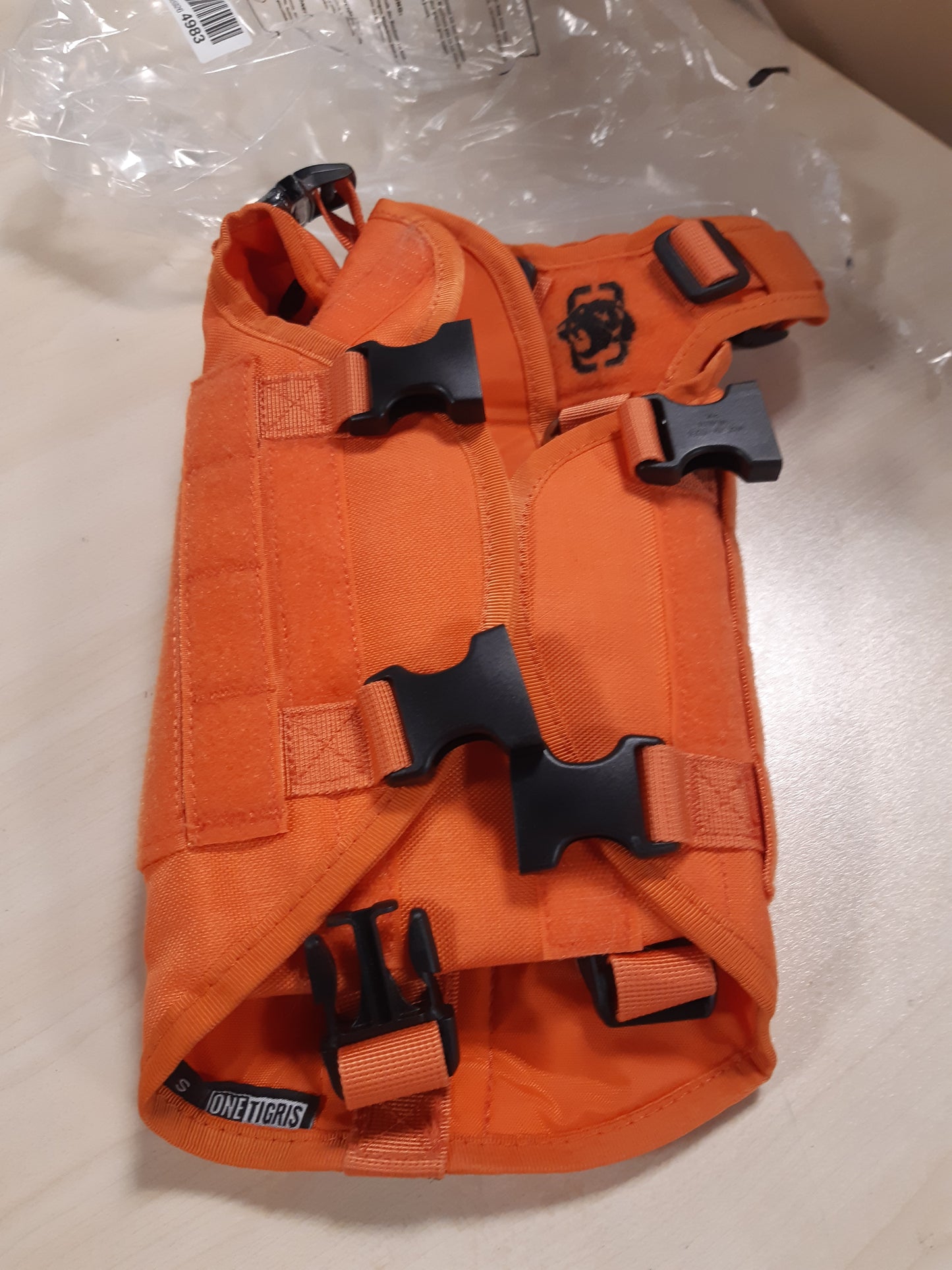 250322 - ONETIGRIS Rrip sigurie për qen, Rrip sigurie taktik i rregullueshëm kundër tërheqjes X Destroyer, me 3 doreza, 2 tokëza metalike, Portokalli S