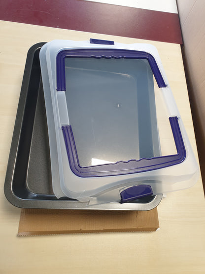 252224 - RELAXDAYS Tepsi Pjekjeje me Kapak, Kuti Transporti për Torta 3 në 1, BT 40.5 x 32.5 cm, Tepsi Pjekjeje, Kapak Transporti, E Zezë/Blu