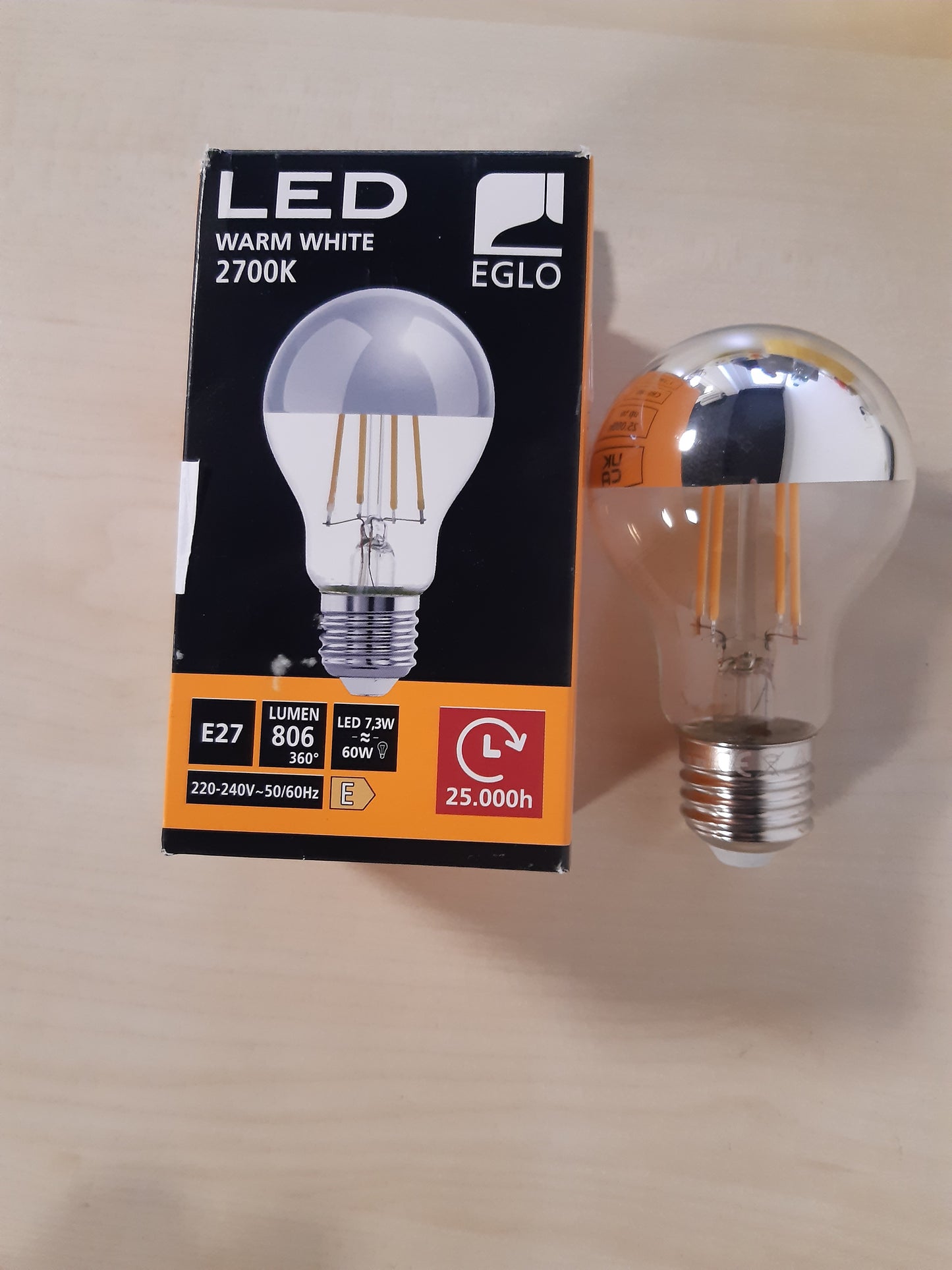 123037 - EGLO Llambë LED E27 për Pasqyrë në Ngjyrë Argjendi, Pa Shkëlqim, 7.5 Vat (Ekuivalent me 60 Vat), 806 Lumen, Dritë e Bardhë e Ngrohtë 2700k, me Reflektor, Llambë Edison A60, Ø 6 cm