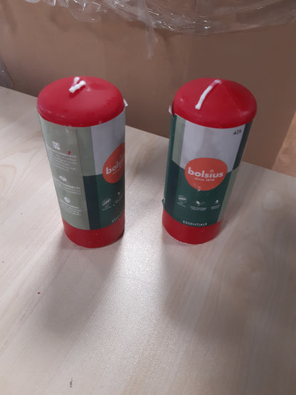 201663 - BOLSIUS Qirinj Pillar të Qetë - të Kuq, 2 copë, Dimensionet 15 x 6 cm, Dekorative për Shtëpi, Koha e Djegies 42 Orë, Pa Aromë, me Dyll Bimore Natyrale, Pa Vaj Palme