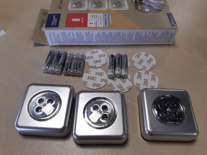 258072 - MÜLLER-LICHT - Dritë dollapi me LED Triplex, Kontroll me Prekje, Set me 3 copë, 0.5 W, Argjend, përfshirë Jastëk Ngjitës dhe 3 Bateri AAA