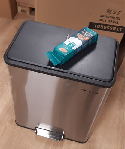 160647 - SONGMICS Kosh Plehrash për Kuzhinë, 2 x 30 L, Kosh i Dyfishtë Mbeturinash, Kova të Brendshme, Material Çelik Inox, Kapak me Mbyllje të Butë, Pedal i Gjerë, në Ngjyrë Argjend