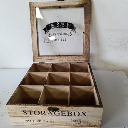 197394 - RELAXDAYS Kuti Çaji, 9 Ndarje, Prej Druri, me Kapak Transparent, Për Qese Çaji dhe Jastëkë Kafeje, Madhësi HBD: 9x24x25 cm, Ngjyra Natyrale
