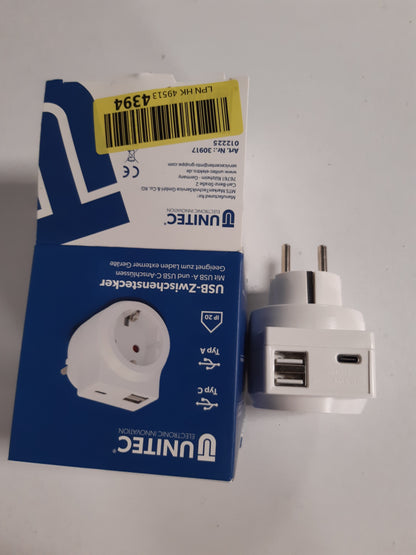 164062 - UNITEC Spina Intermedia me 1 x Schuko, 1 x USB Tipi C dhe 2 x USB Tipi A, 3.4 A, në Ngjyrë të Bardhë