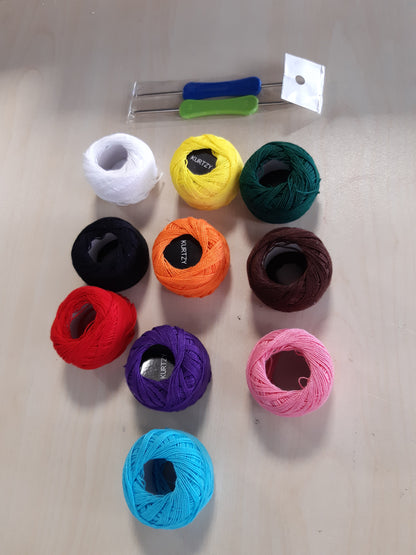 203038 - KURTZY Fije Pambuku me Ngjyra (10 copë), me 2 Grepa (1mm dhe 2mm), Pesha 10g, Gjatësi Totale 600m