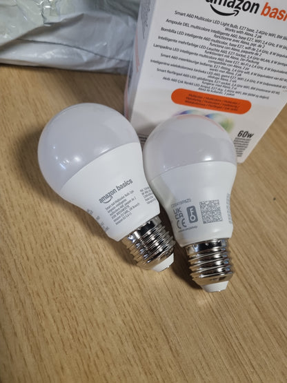 172349 - AMAZON BASICS Llambë LED Inteligjente, E27, 8W (Ekuivalente me 60W), e Detyrueshme me Alexa, Pako prej 2, Shumëngjyrëshe
