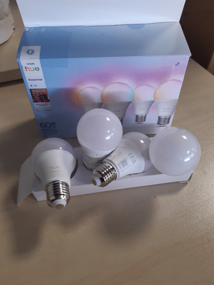 199305 - PHILIPS Hue - Llambë LED A60 Esenciale e Mençur, E27, 8W, e Bardhë dhe Me Ngjyra, 2200 K – 6500 K, 806 lm, Me Errësim, Pajtueshme me Alexa, Google Assistant dhe Apple Home, Pako Me 4 Copë