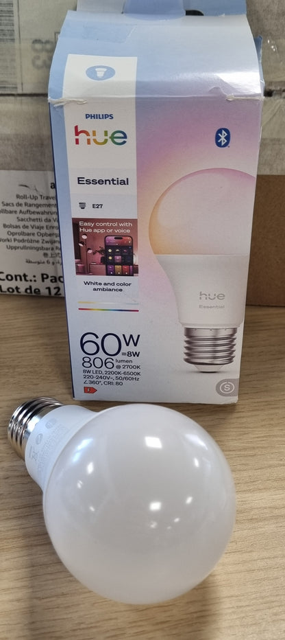 256111 - PHILIPS Hue Essential Smart LED A60, Llampa LED e bardhë dhe me ngjyra, E27, 8W, 2200K-6500K, 806 Lumen, e zbehtë, e përputhshme me Alexa, Google Assistant dhe Apple Home, 1 pako