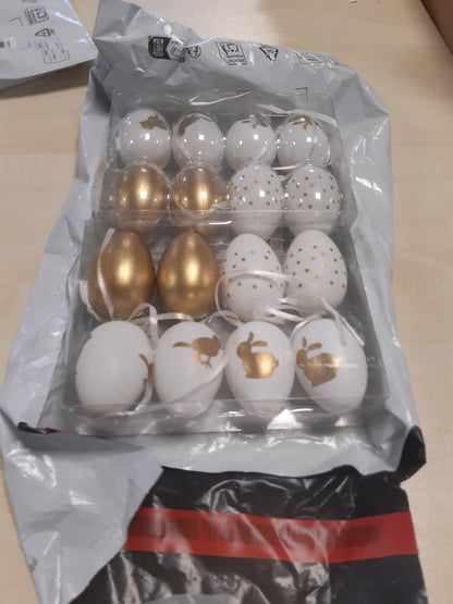 253577 - COM-FOUR® 16X VEZË TË VARURA TË PASHKËVE, Dekorime Plastike, 16 copë, Ari/E Bardhë