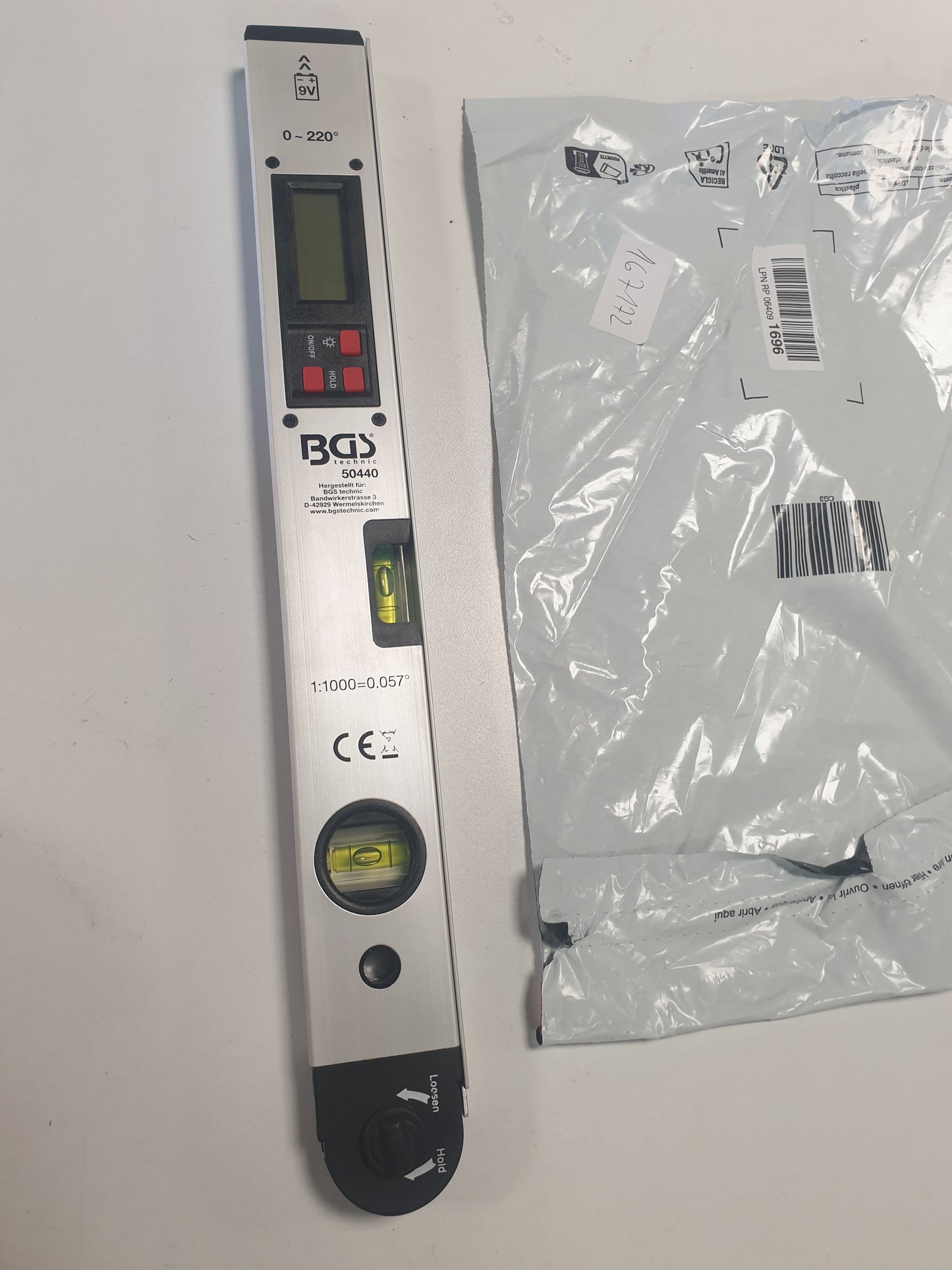 167172 - BGS TECH Rrahës LCD Dixhital 450mm me Nivel dhe Pjerrës Këndore, funksion kyçjeje dhe Inklinometër