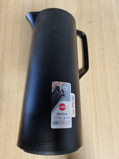 223250 - EMSA Enë e izoluar Motiva 1L, plastike, termos me mbyllje të shpejtë, mban pijet të nxehta për 12 orë, të ftohta për 24 orë, mbulesë qelqi, prodhuar në Gjermani, dizajn nordik, e zezë, N41707