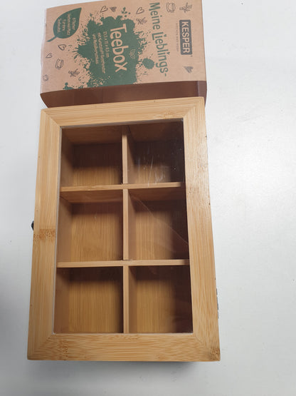 257614 - KESPER® KUTIA E ÇAJIT, Materiali: Bambu i çertifikuar FSC®, 6 ndarje, me dritare shikimi dhe kapëse retro, dimensionet: 21.5 x 15 x 8.5 cm, ngjyra: jeshile-natyrale, çaji nuk përfshihet