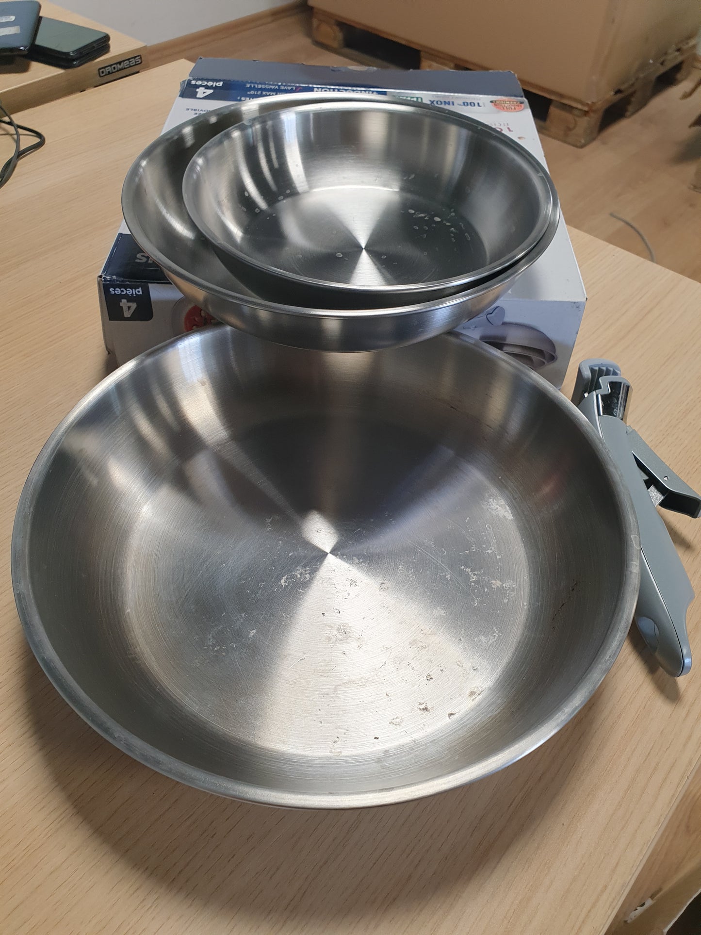 255298 - SITRAM Set me 3 Tiganë 100% Çelik Inoks ARPEGE Ø 20, 24, 28 cm, përfundim pasqyre, dorezë e lëvizshme, i përshtatshëm për të gjitha sobat, përfshirë induksionin
