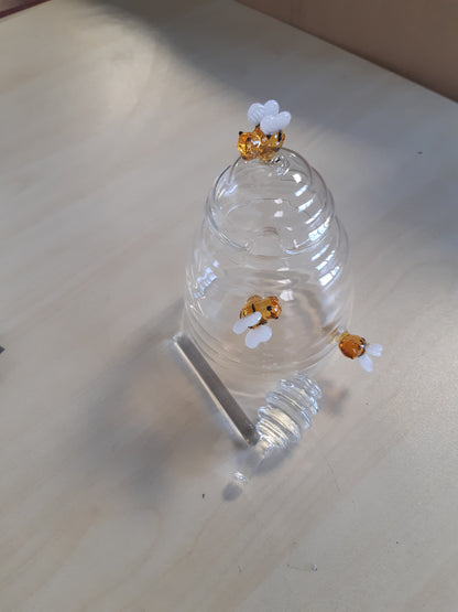 216021 - Kavanoz mjalti me lugë dhe kapak, shpërndarës mjalti prej qelqi transparent