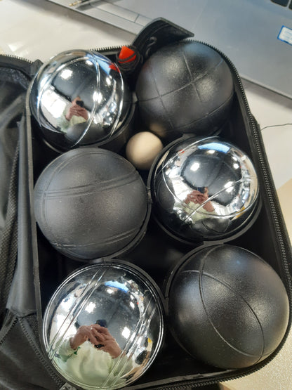 199471 - RELADAYS - Topa Petanque, Set me 6 Topa Metalike, të Zi dhe të Argjendtë, me Jack dhe Çantë Mbajtëse