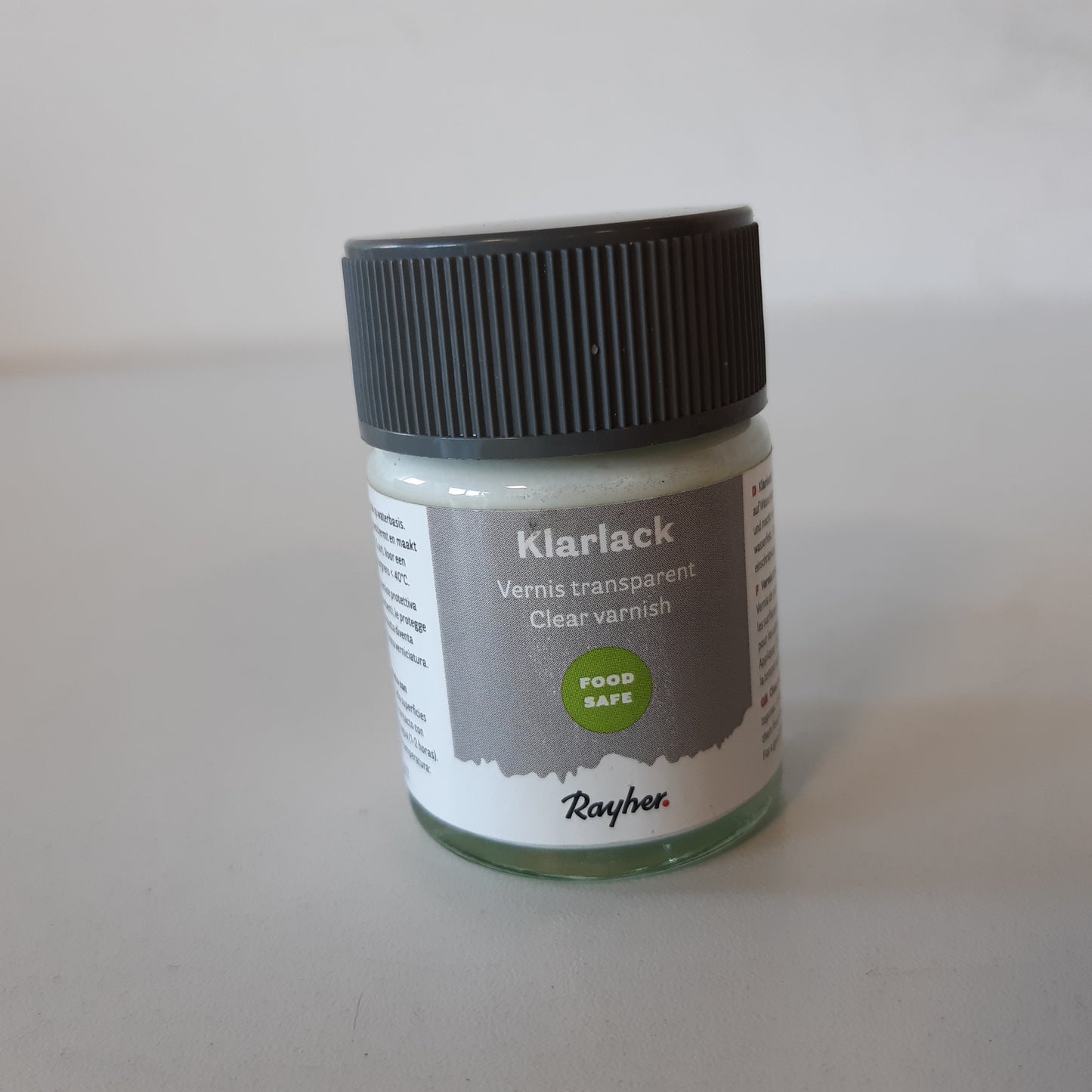 215660 - RAYHER Llak transparent i sigurt për ushqim, kanaçe 50 ml, me përfundim sateni, i sigurt për ushqim, rezistent ndaj pështymës dhe djersës sipas DIN 53 160-1/2