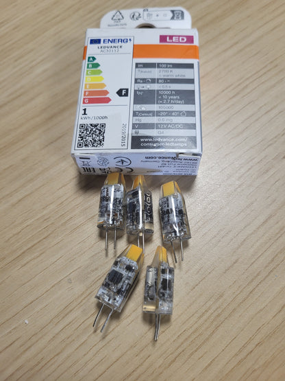 168283 - OSRAM LED BASE PIN MICRO, paketa prej 5 dritare led me tension të ulët, zëvendëson llambat PIN 10W, ngjyra e bardhë e ngrohtë (2700K), fuqi 1W, bazë G4, materiali xham i akrilikuar, jo i errësueshëm, ultra kompakt