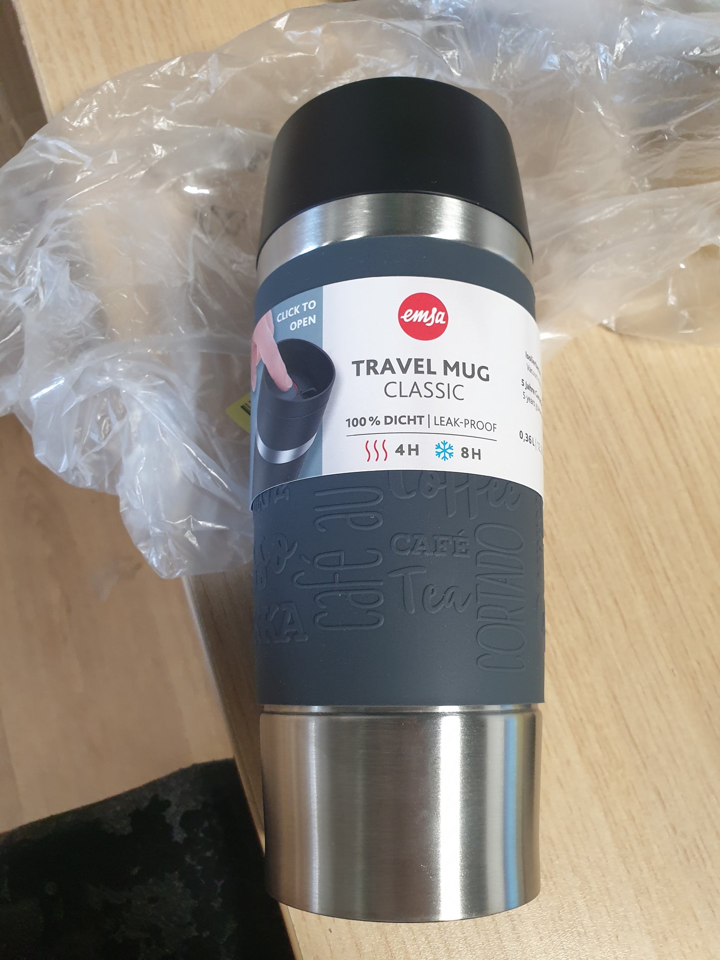 141894 - Emsa Travel Mug Classic – Filxhan termos për udhëtim, prej çeliku inox, ngjyrë gri “pepper”, 360 ml.