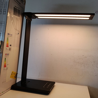 224418 - Llambë Tavoline LED me Dy Koka bybule, 5 Ngjyra dhe 5 Nivele Shkëlqimi, Kontroll me Prekje, Kohëmatës Automatik për Fikje 45-Minutëshe, Portë Karikimi USB, E Zezë